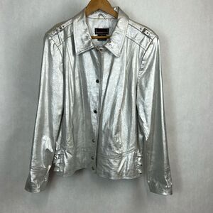 Bradley Bayou Leather Jacket Womens Sz XL Metallic Silver Snaps Buckles Trim